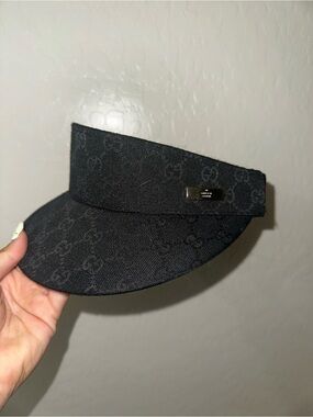 Gucci Black Monogram Visor with Metal Logo Plaque